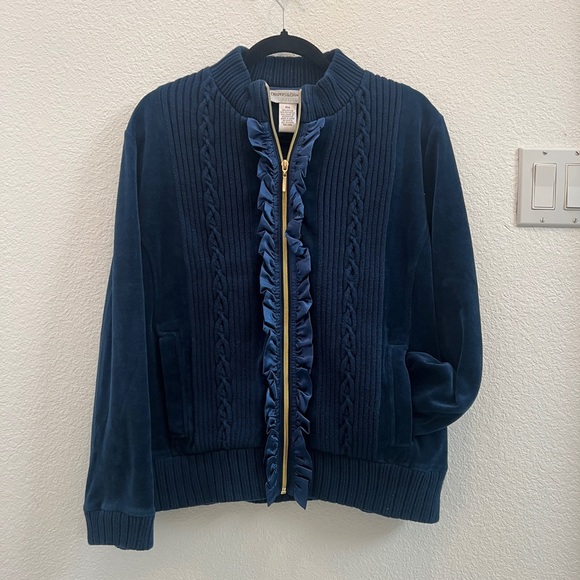Draper’s & Damon’s Blue Cable Knit Zip Up Cardigan Sweater size Petite Medium - Picture 2 of 4